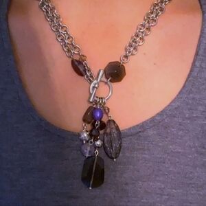 Double Strand Necklace Silver Tone Toggle Crystal Beaded Tassel Gray Purple